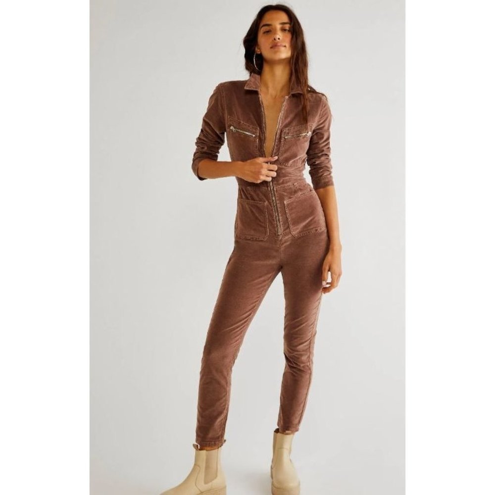 Free People Lennox Cord Jumpsuit Fitted Stretch Coverall Brown Size L New Zip Up